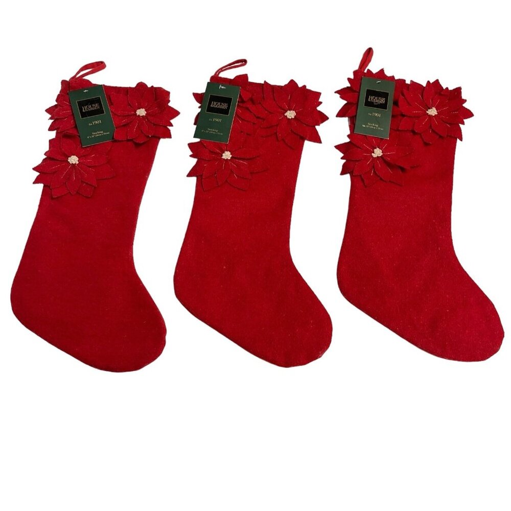 House Garden Christmas Stocking Red Wool Poinsettia‎ Applique Set Of 3 Holiday